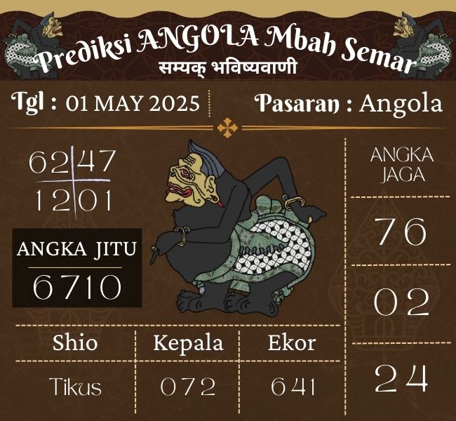 Prediksi Togel Angola Mbah Semar Hari Ini 01 may 2025 
