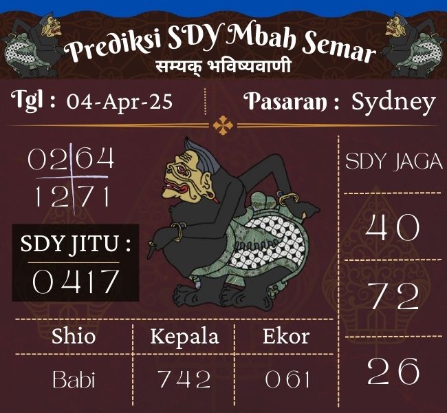Prediksi Togel Sidney Mbah Semar Hari Ini 04 april 2025 

