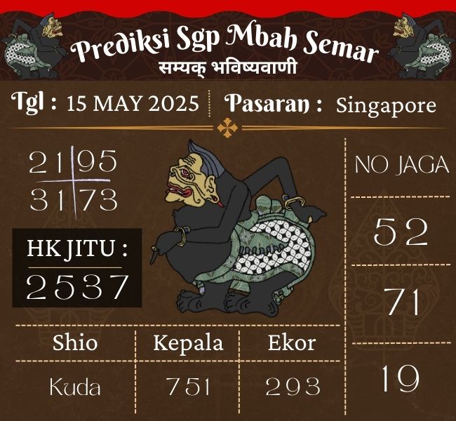 Prediksi Togel Singapore Mbah Semar Hari Ini 15 may 2025 
