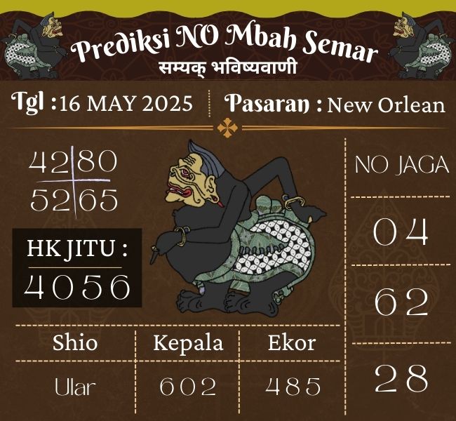 Prediksi Togel New Orlean Mbah Semar Hari Ini 16 may 2025
