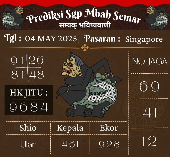 Prediksi Togel Singapore Mbah Semar Hari Ini 04 may 2025 
