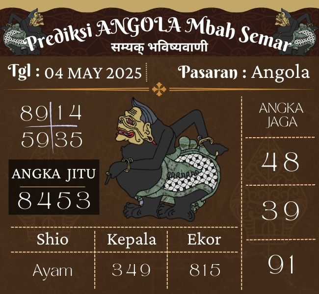 Prediksi Togel Angola Mbah Semar Hari Ini 04 may 2025 
