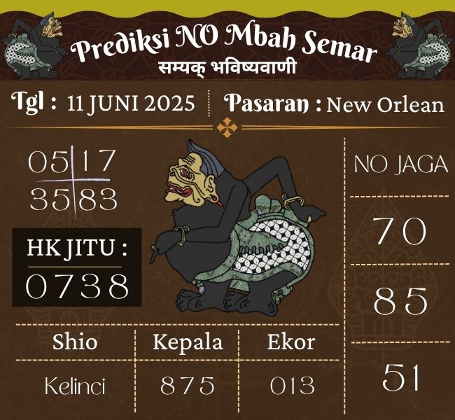Prediksi Togel New Orlean Mbah Semar Hari Ini 11 Juni 2025 
