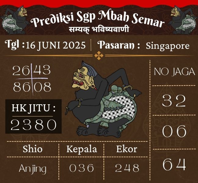 Prediksi Togel Singapore Mbah Semar Hari Ini 16 Juni 2025 
