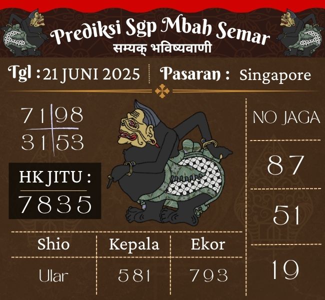 Prediksi Togel Singapore Mbah Semar Hari Ini 21 Juni 2025 

