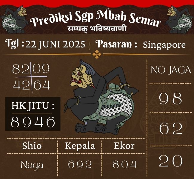 Prediksi Togel Singapore Mbah Semar Hari Ini 22 Juni 2025 
