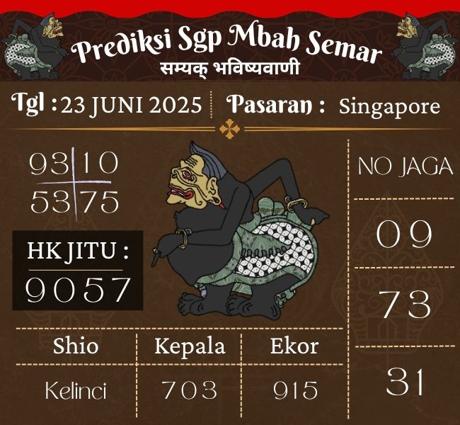 Prediksi Togel Singapore Mbah Semar Hari Ini 23 Juni 2025 
