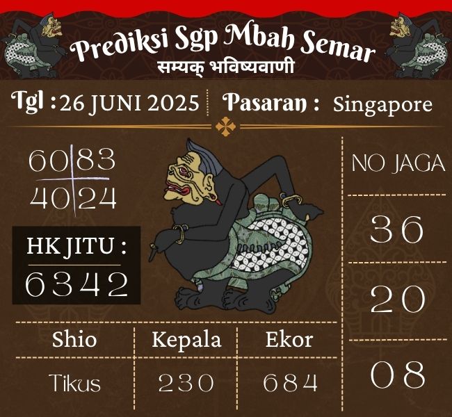 Prediksi Togel Singapore Mbah Semar Hari Ini 26 Juni 2025 
