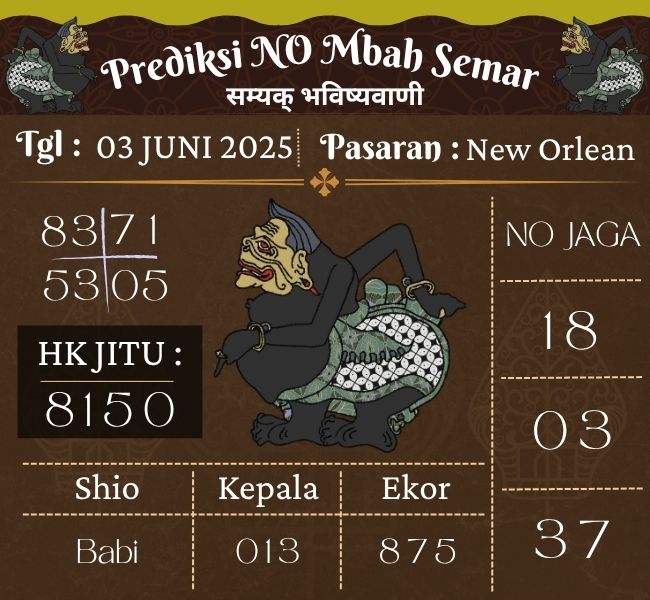 Prediksi Togel New Orlean Mbah Semar Hari Ini 03 Juni 2025 

