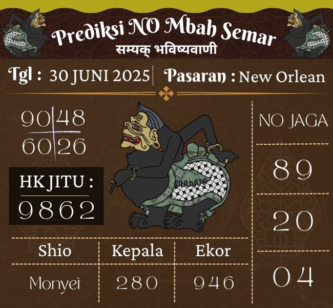 Prediksi Togel New Orlean Mbah Semar Hari Ini 30 Juni 2025 
