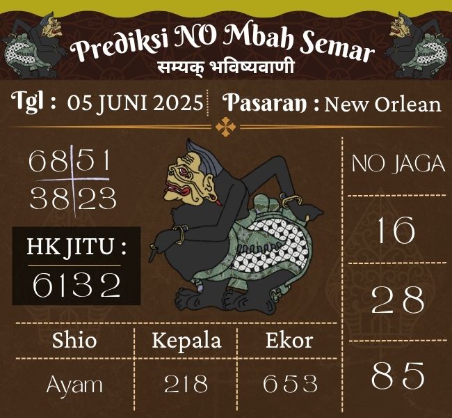 Prediksi Togel New Orlean Mbah Semar Hari Ini 05 Juni 2025 
