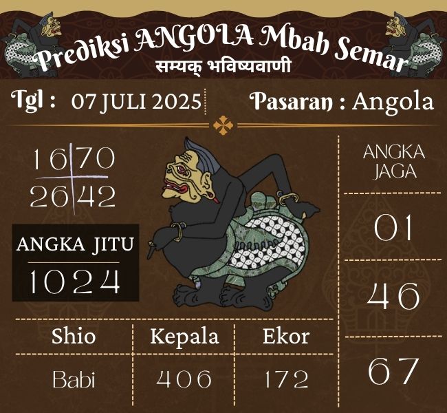 Prediksi Togel Angola Mbah Semar Hari Ini 07 juli 2025 
